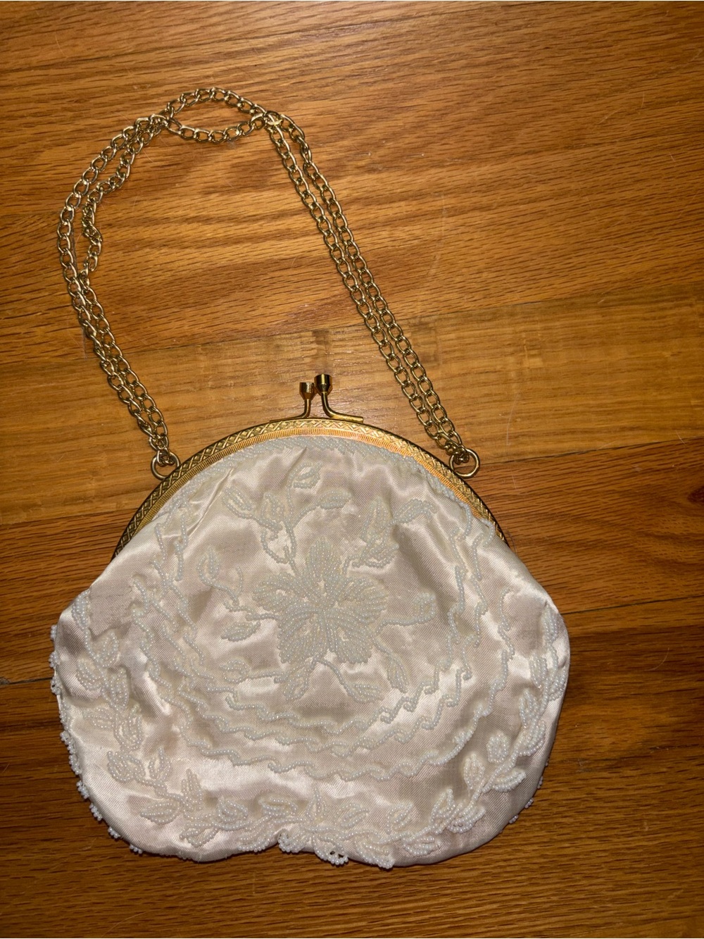 Vintage White Satin Evening Bag with Gold Chain